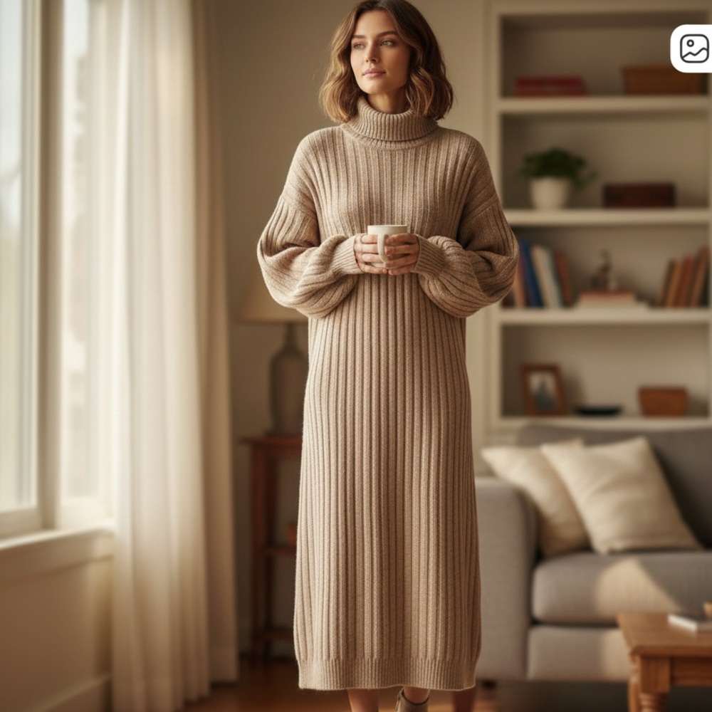 Mango Wool Blend Tan Ribbed Relaxed Turtleneck Midi Sweater Dress